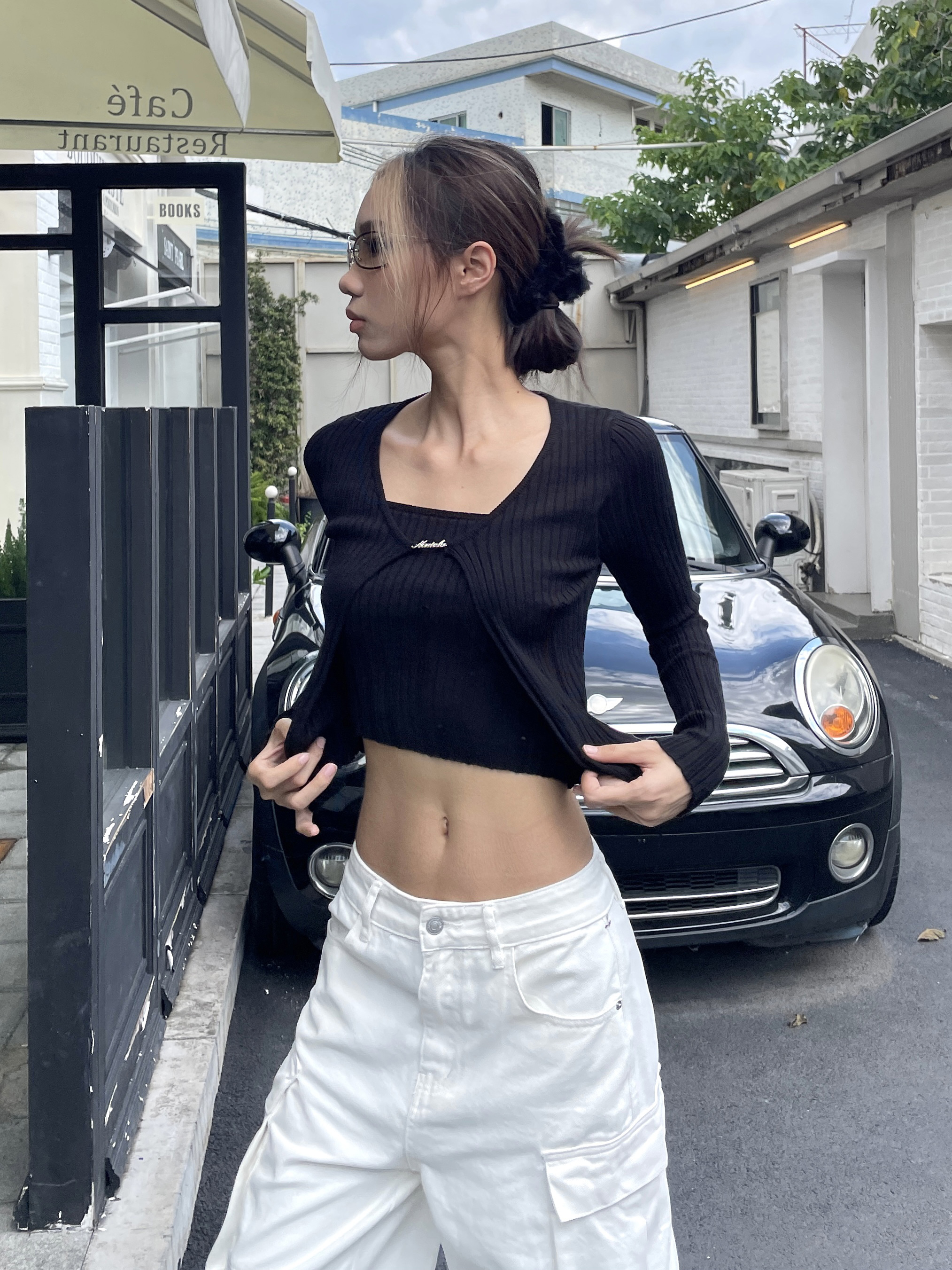 Autumn Winter Slimming Long-Sleeve Knitted Top - Sweet Faux Two-Piece Design, American Style for Trendy Women