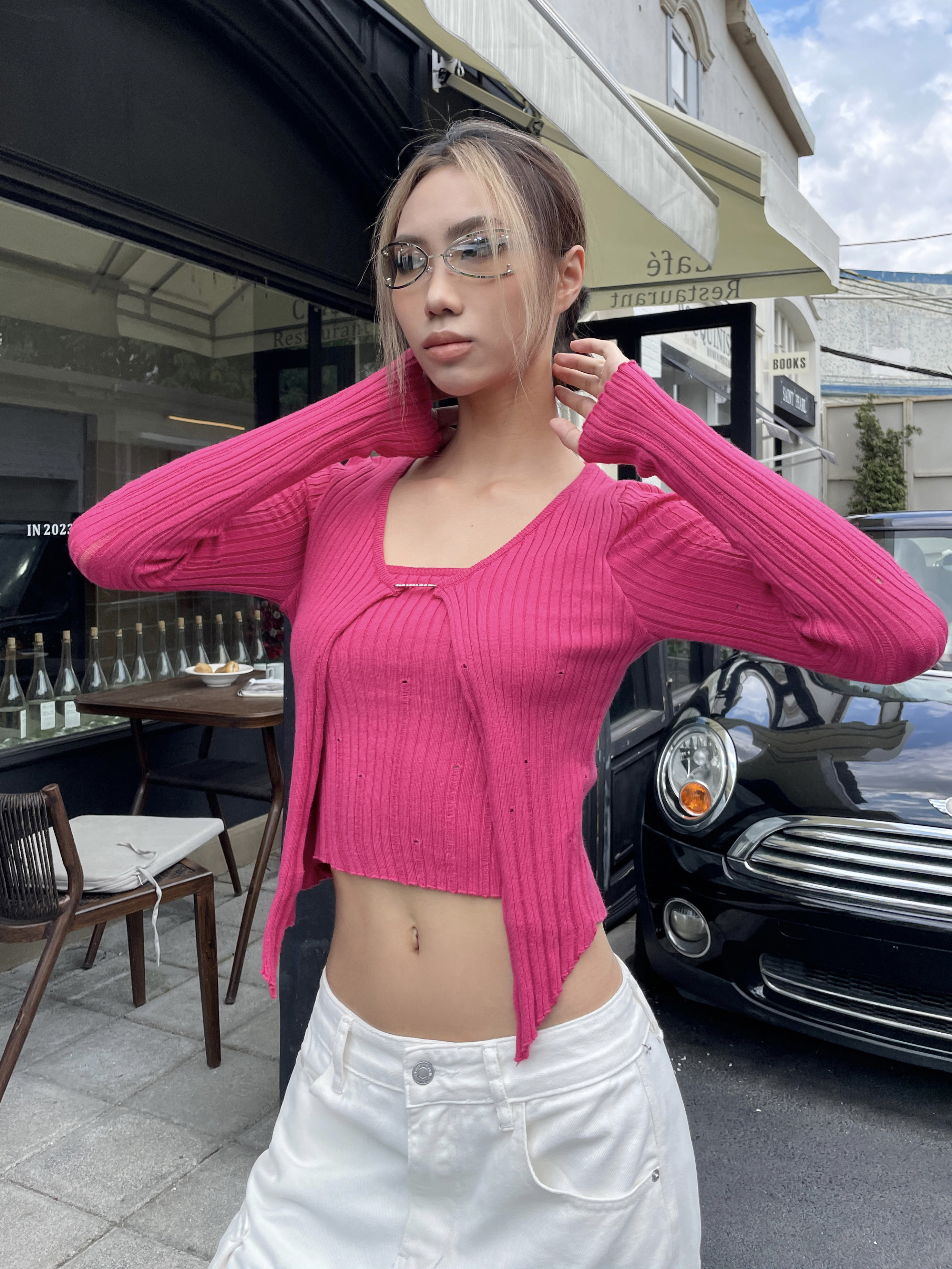 Autumn Winter Slimming Long-Sleeve Knitted Top - Sweet Faux Two-Piece Design, American Style for Trendy Women
