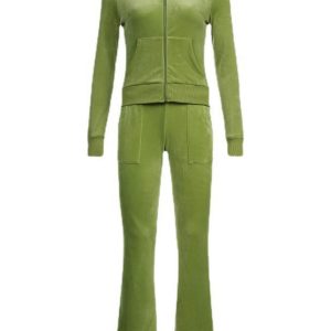 Autumn Winter Women's Velvet Hooded Zipper Jacket & Flared Pants Set - Stylish Two-Piece Outfit for Trendy Looks