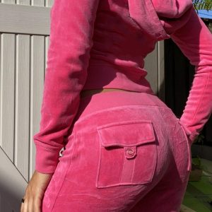 Autumn Winter Women's Velvet Hooded Zipper Jacket & Flared Pants Set - Stylish Two-Piece Outfit for Trendy Looks