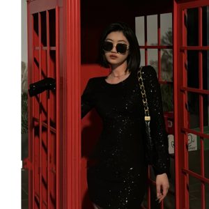 Backless Black Sequin Dress for Women - Bodycon Waist-Cinching Mini Dress, Spring Style, Sexy Party Wear