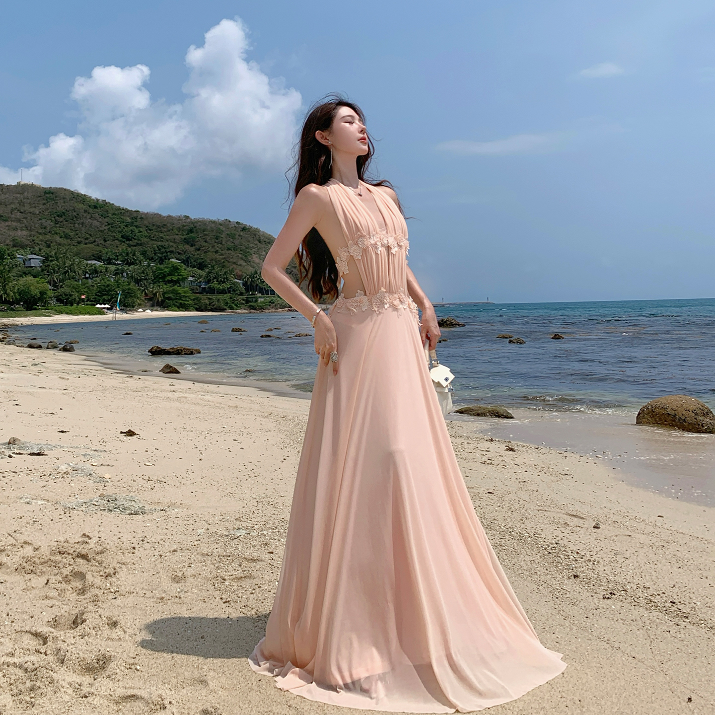 Backless Halter Long Dress - Flowing Seaside Vacation Style, Elegant Beach Skirt for Island Photography, Goddess-Like Look