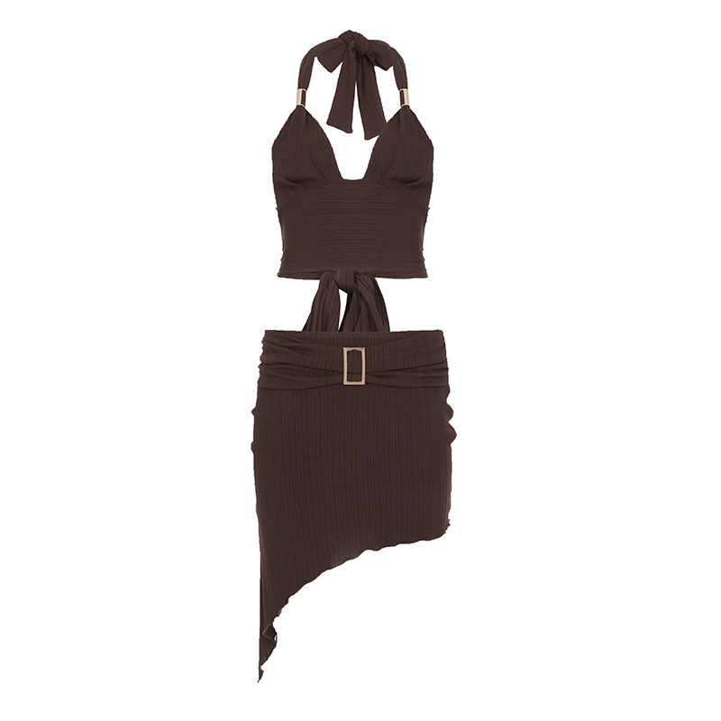 Backless Metallic Tube Top and Diagonal Hem Skirt Two-Piece Set with V-Neck and Tie-Back - Summer European American Style