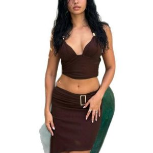 Backless Metallic Tube Top and Diagonal Hem Skirt Two-Piece Set with V-Neck and Tie-Back - Summer European American Style