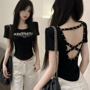 Backless Sexy Cross Crop Top with Letter Print, Short Sleeves, Slim Fit - Summer Y2K Fashion Tee