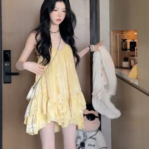 Backless Yellow Spaghetti Strap Dress for Women - French Style Ruffled Summer 2025 Beach Vacation Essential