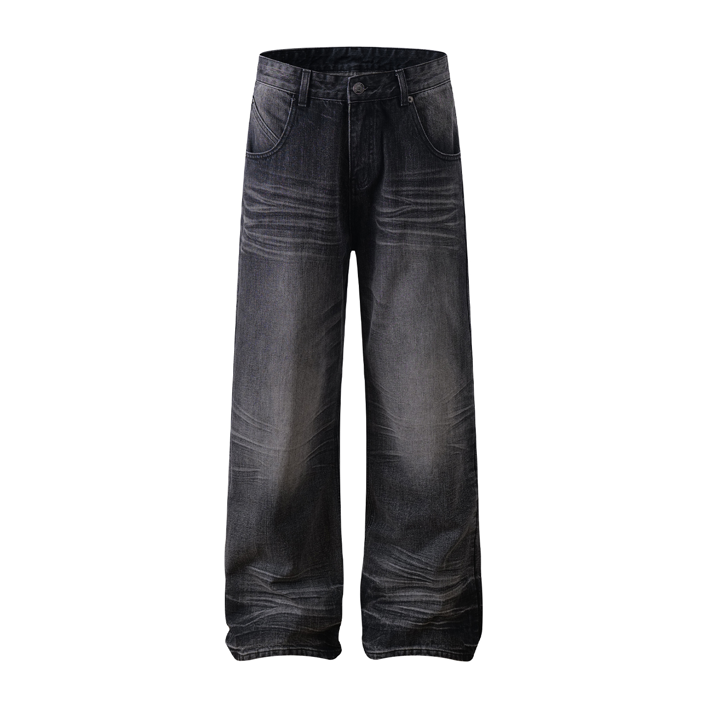 Baggy Loose Gray-Black Denim Pants with Crinkled Cat Whiskers - Summer Heavyweight Straight Casual Style