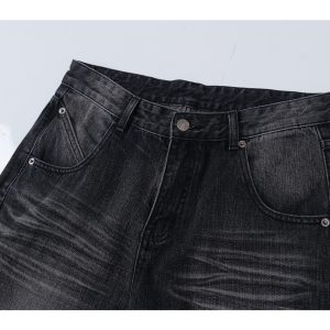 Baggy Loose Gray-Black Denim Pants with Crinkled Cat Whiskers - Summer Heavyweight Straight Casual Style