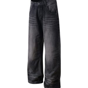 Baggy Loose Gray-Black Denim Pants with Crinkled Cat Whiskers - Summer Heavyweight Straight Casual Style