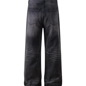 Baggy Loose Gray-Black Denim Pants with Crinkled Cat Whiskers - Summer Heavyweight Straight Casual Style