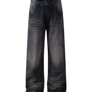 Baggy Loose Gray-Black Denim Pants with Crinkled Cat Whiskers - Summer Heavyweight Straight Casual Style