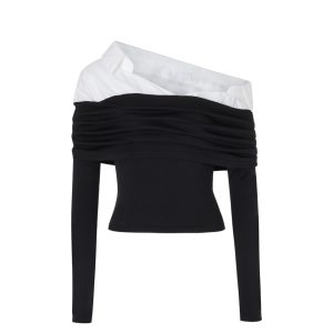 Ballet-Inspired Layered Off-Shoulder Long Sleeve Shirt in Zhang Yuanying Style - Chic Niche Fashion for Y2K and Korean Style Lovers