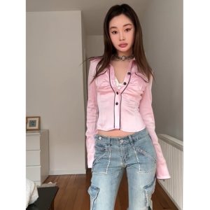 Barbie Pink Acetate Satin Shirt for Women - Spring Niche Design, Small Fragrant Wind Style, Trendy Casual Top