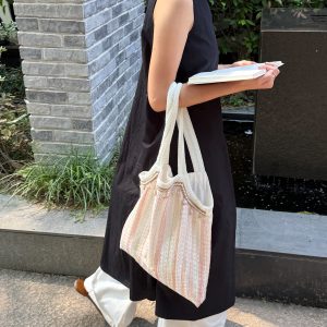 Beach Shell Vacation Canvas Tote Bag - Striped Single Shoulder Bag for Summer Travel