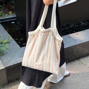 Beach Shell Vacation Canvas Tote Bag - Striped Single Shoulder Bag for Summer Travel