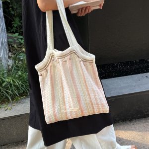 Beach Shell Vacation Canvas Tote Bag - Striped Single Shoulder Bag for Summer Travel