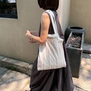Beach Shell Vacation Canvas Tote Bag - Striped Single Shoulder Bag for Summer Travel