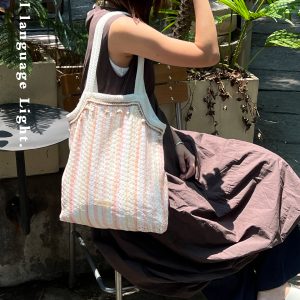 Beach Shell Vacation Canvas Tote Bag - Striped Single Shoulder Bag for Summer Travel