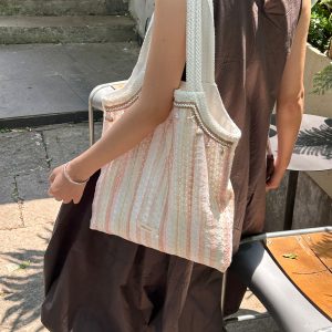 Beach Shell Vacation Canvas Tote Bag - Striped Single Shoulder Bag for Summer Travel