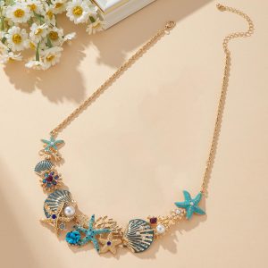 Beach-Style Shell and Starfish Necklace for Women - Unique Coral and Pearl Design, Trendy European and American Fashion Accessory