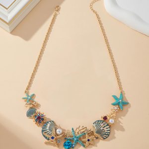 Beach-Style Shell and Starfish Necklace for Women - Unique Coral and Pearl Design, Trendy European and American Fashion Accessory