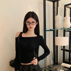 Beautiful Spicy Princess Off-Shoulder Long Sleeve T-Shirt - Fake Two-Piece Design, Trendy Y2K Outerwear for Stylish Looks