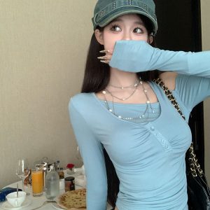 Beautiful Spicy Princess Off-Shoulder Long Sleeve T-Shirt - Fake Two-Piece Design, Trendy Y2K Outerwear for Stylish Looks