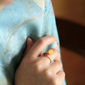 Beeswax Amber and Silver Inlaid Jade Fortune Bead Ring for Women - Chinese Style Enamel Design, Boho National Wind Jewelry