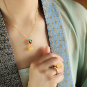 Beeswax Amber and Silver Inlaid Jade Fortune Bead Ring for Women - Chinese Style Enamel Design, Boho National Wind Jewelry