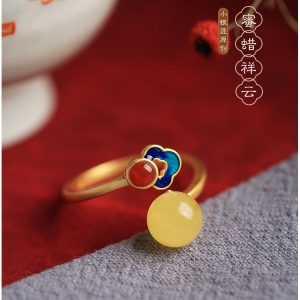 Beeswax Amber and Silver Inlaid Jade Fortune Bead Ring for Women - Chinese Style Enamel Design, Boho National Wind Jewelry