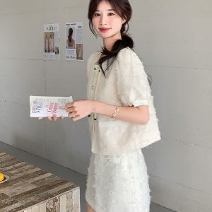 Beige High-End Tassel Two-Piece Dress Set for Women - Short Sleeve Top & Skirt for Summer 2025, Perfect for Petite Sizes