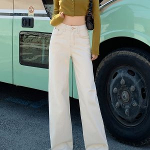Beige High Street Straight-Leg Jeans for Women - 2024 Autumn/Winter Plush Loose Fit Wide-Leg Floor-Length Pants