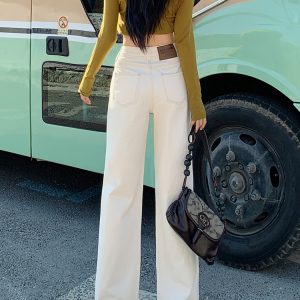 Beige High Street Straight-Leg Jeans for Women - 2024 Autumn/Winter Plush Loose Fit Wide-Leg Floor-Length Pants