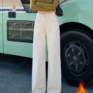 Beige High Street Straight-Leg Jeans for Women - 2024 Autumn/Winter Plush Loose Fit Wide-Leg Floor-Length Pants