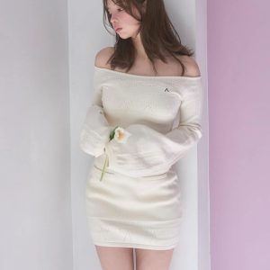 Beige One-Shoulder Knitted Top and Skirt Set - Spring/Summer 2025 Japanese Style Fashion