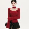 Bell Sleeve Square Neck Black Knit Top - Slimming Fitted Half-High Neck Shirt for Chic 90s Y2K Style