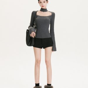 Bell Sleeve Square Neck Black Knit Top - Slimming Fitted Half-High Neck Shirt for Chic 90s Y2K Style