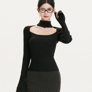 Bell Sleeve Square Neck Black Knit Top - Slimming Fitted Half-High Neck Shirt for Chic 90s Y2K Style