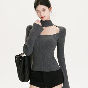 Bell Sleeve Square Neck Black Knit Top - Slimming Fitted Half-High Neck Shirt for Chic 90s Y2K Style