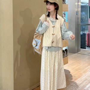 Big White Rabbit Milk Candy Sweet Vest Three-Piece Set for Women, Autumn Layered Lace Shirt, Polka Dot Cotton Skirt Y2K Outfit