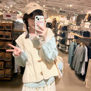 Big White Rabbit Milk Candy Sweet Vest Three-Piece Set for Women, Autumn Layered Lace Shirt, Polka Dot Cotton Skirt Y2K Outfit