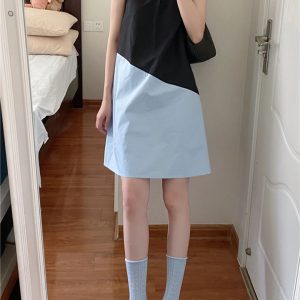 Black and Blue Color-Block Sleeveless Dress for Women, 2023 Summer Minimalist Pleated Loose Short Dress, Chic Fashion Trend