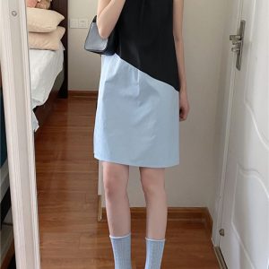 Black and Blue Color-Block Sleeveless Dress for Women, 2023 Summer Minimalist Pleated Loose Short Dress, Chic Fashion Trend