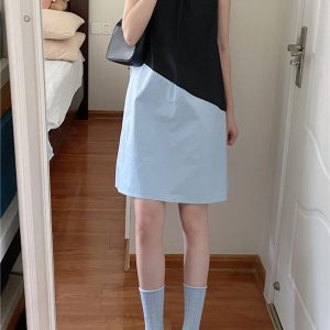 Black and Blue Color-Block Sleeveless Dress for Women, 2023 Summer Minimalist Pleated Loose Short Dress, Chic Fashion Trend