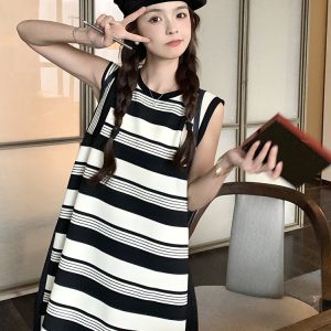 Black and White Striped Sleeveless Dress for Women - Summer 2025 Korean Style Loose Casual Petite Tank Dress