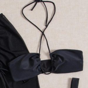 Black Body-Shaping Split Long Skirt Bikini Three-Piece Set for Women - Sexy Small Bust Gathering Swimwear for Hot Spring 90s Style