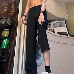Black Curved Knife Flare Trousers for Men - High-End Draping Straight-Leg Pants for Spring and Summer Casual Style