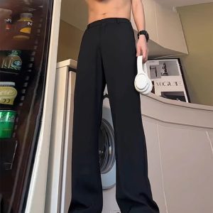 Black Curved Knife Flare Trousers for Men - High-End Draping Straight-Leg Pants for Spring and Summer Casual Style