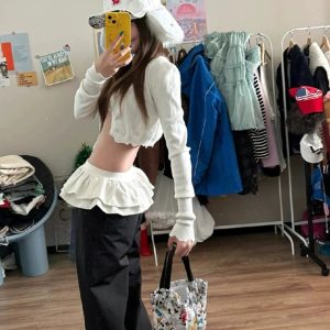 Black Drawstring Straight-Leg Pants for Women, 2023 Autumn Winter Puffy Skirt Splicing, Loose Airy Windproof Sweatpants