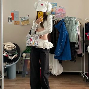 Black Drawstring Straight-Leg Pants for Women, 2023 Autumn Winter Puffy Skirt Splicing, Loose Airy Windproof Sweatpants